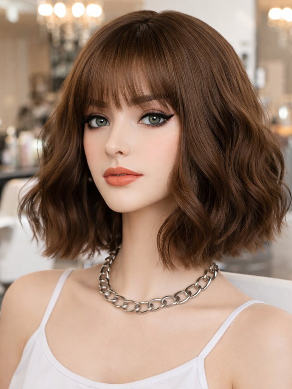 Bob Style Wigs Wavy Brown Hair with Bangs Neck Length